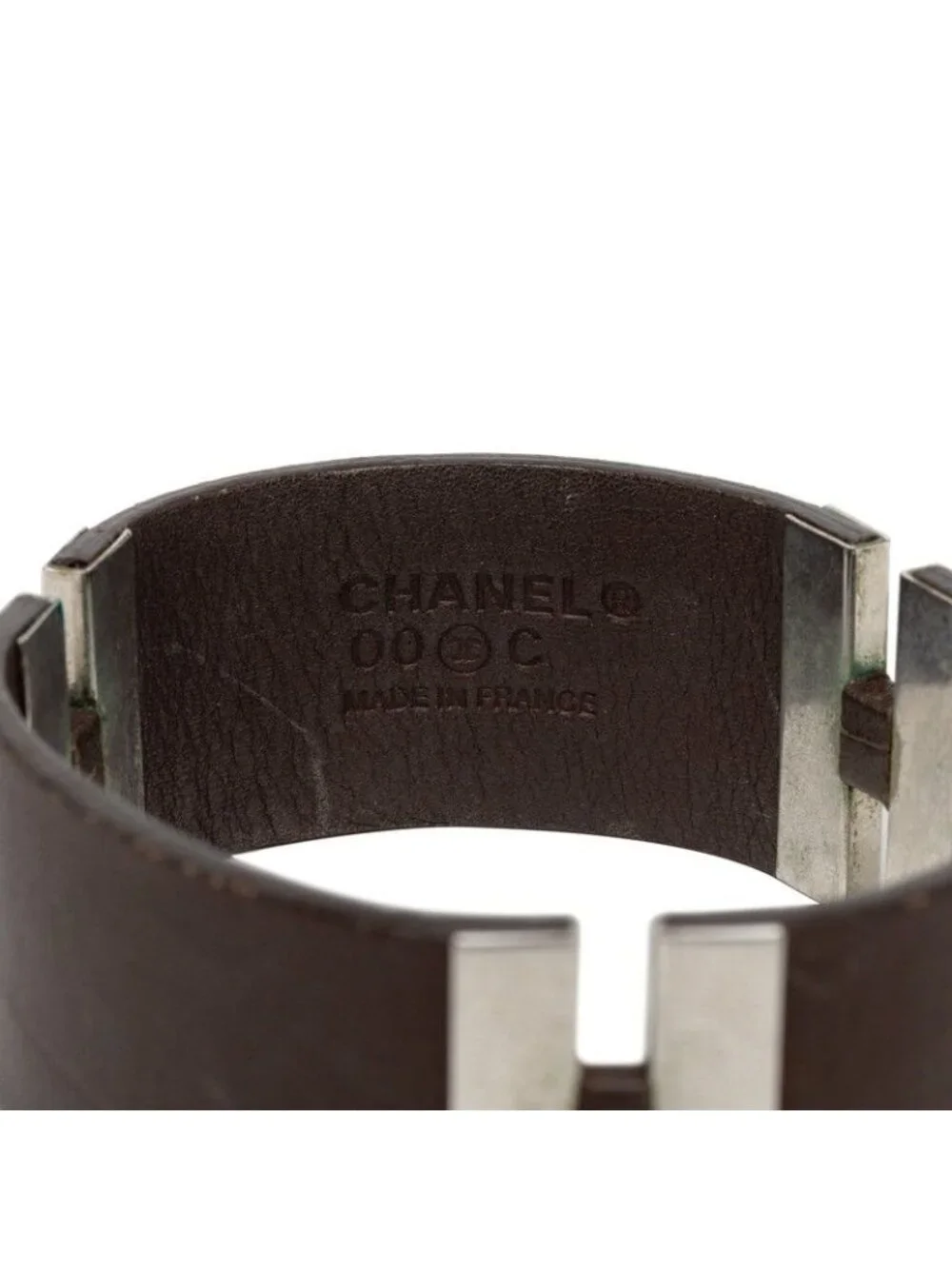 Chanel Logo Bracelet 00c Brown Silver Leather Metal